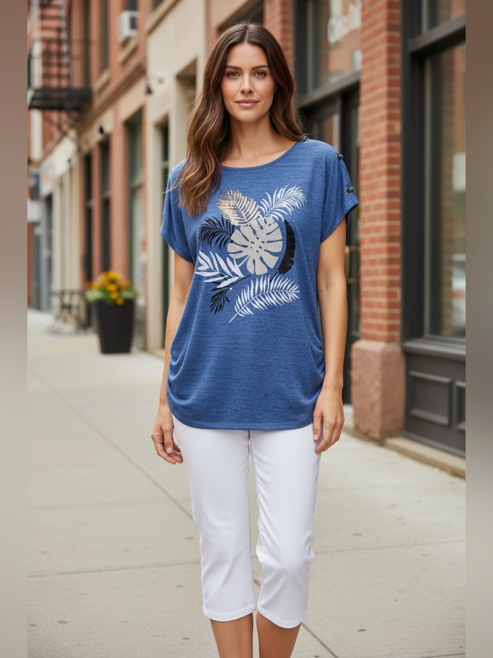 Lily Morgan, Blue Tropical Leaf Sequin Top Grommet Shoulder Stretch, Medium